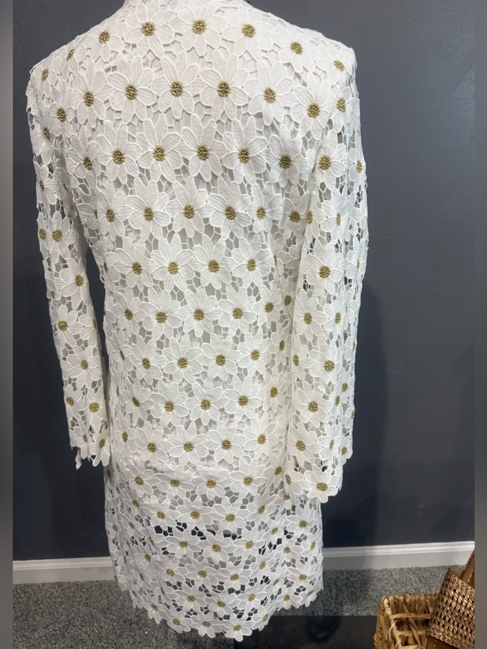 Boston Proper White Crochet V-Neck Long Sleeve Shift Dress - Picture 6 of 9